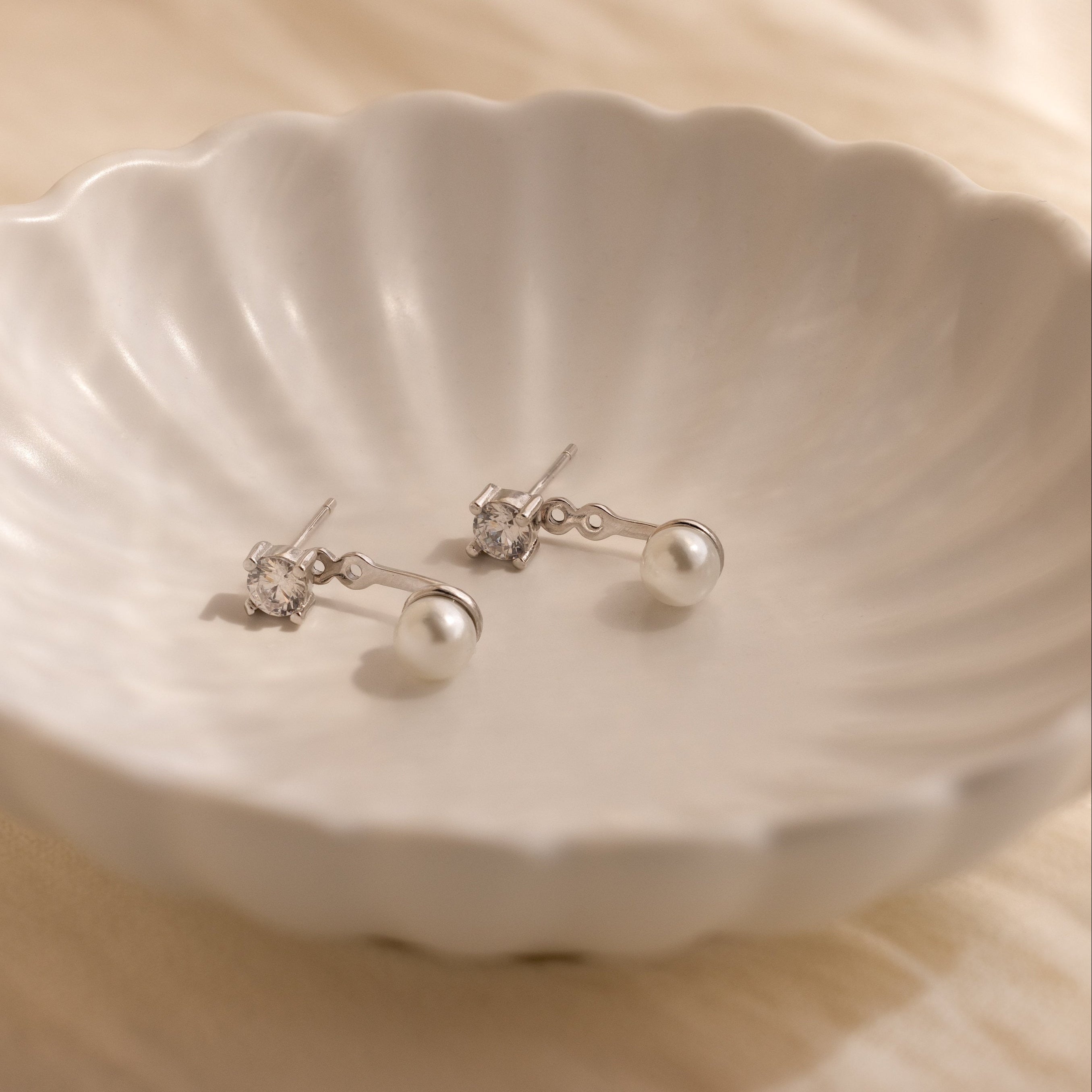 Diamond Pearl Ear Jackets Sterling Silver